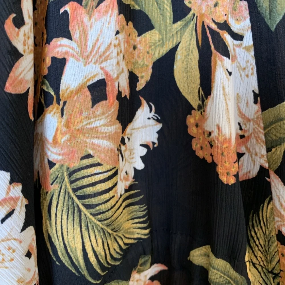 Black Floral Swimsuit Cover Up L/XL Robe Style Tie Front Georgette Tropical - Picture 5 of 11